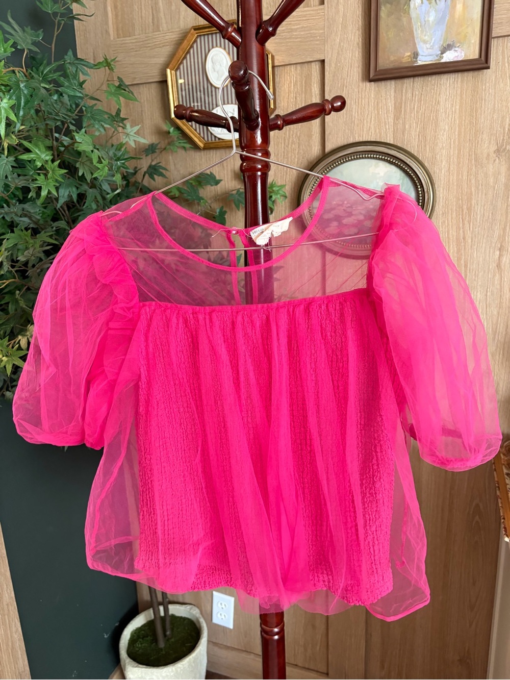 Anthropologie Bright Hot Pink Puff-Sleeve Mesh Top